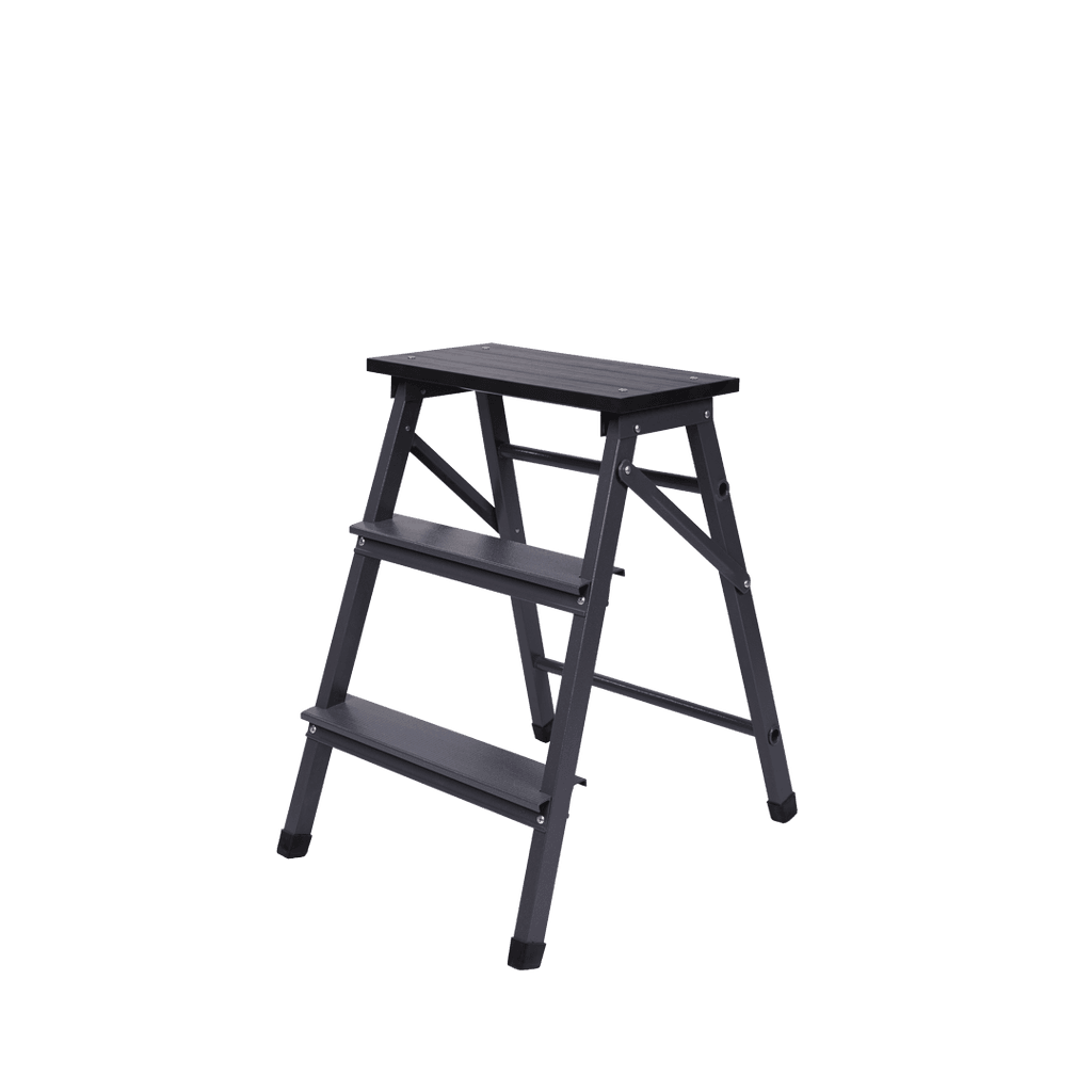 Two step kitchen ladder with upper wood seat
