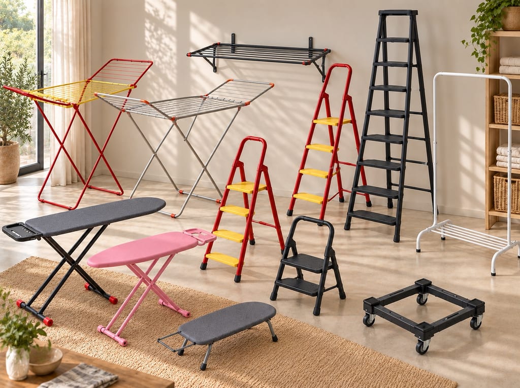 Drying racks, ironing boards, ladders, clothing stands, and household utility products