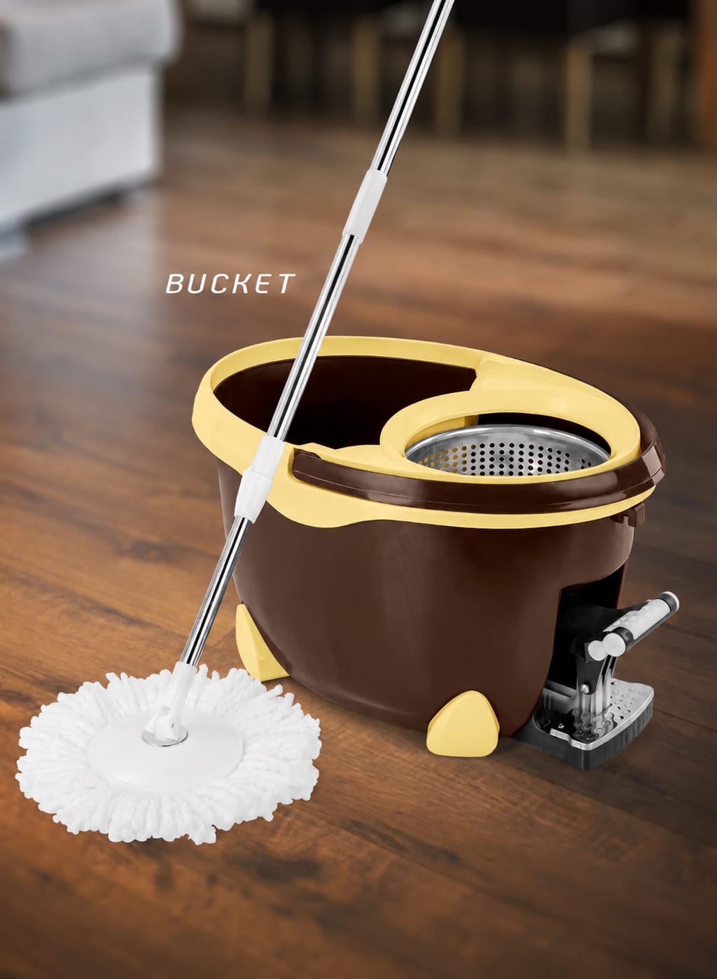 Spin mop bucket representing household cleaning and utility products